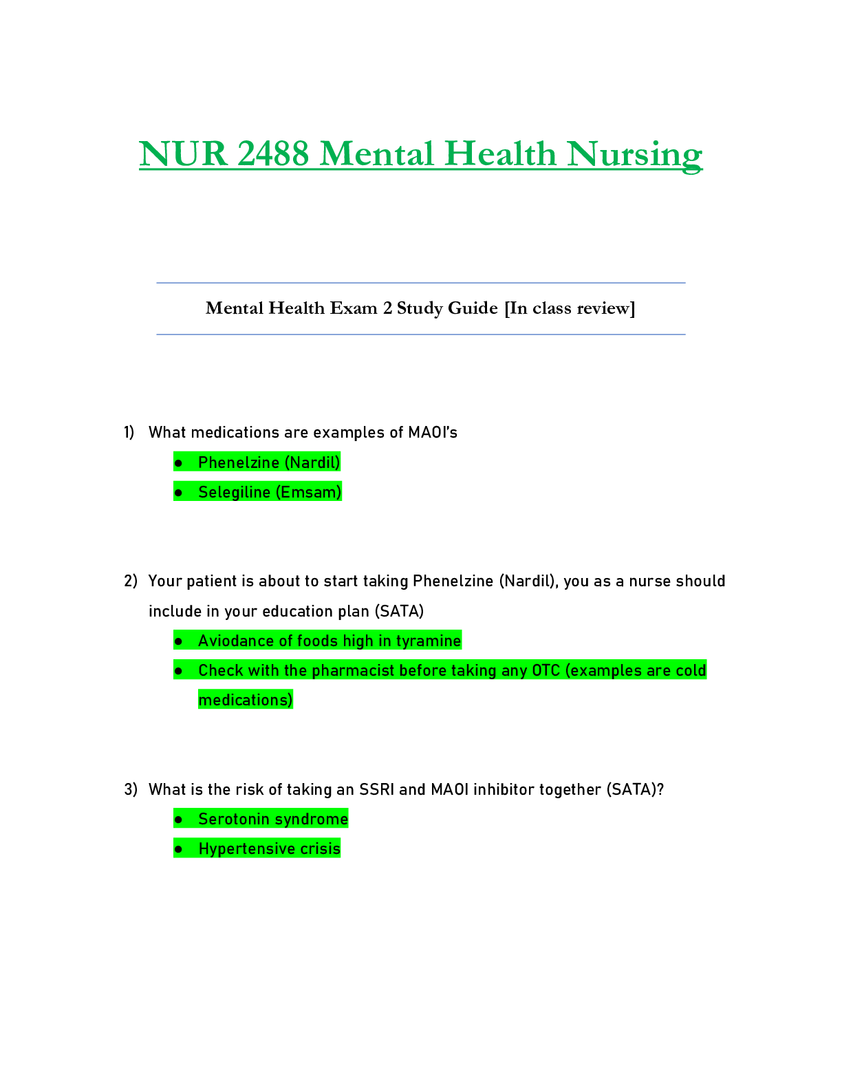 Recommended document preview for NUR2488 / NUR 2488 Exam 2 Study Guide [In Class Review]  : Mental Health Nursing - Rasmussen